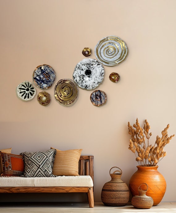 Large wall flower mural 10 handmade recycled plastic/metallic earth tones/gold/burgundy/white/black/blue/copper home decor/looks like glass