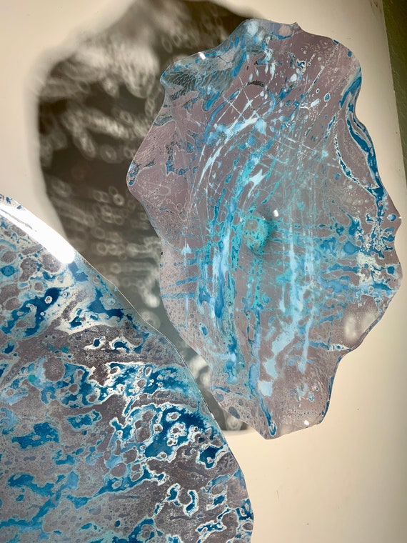 Hand crafted Upcycled Plastic Wall Flower Sculpture: Taupe, Lavender, and Blue Decor set of 5  glass like look