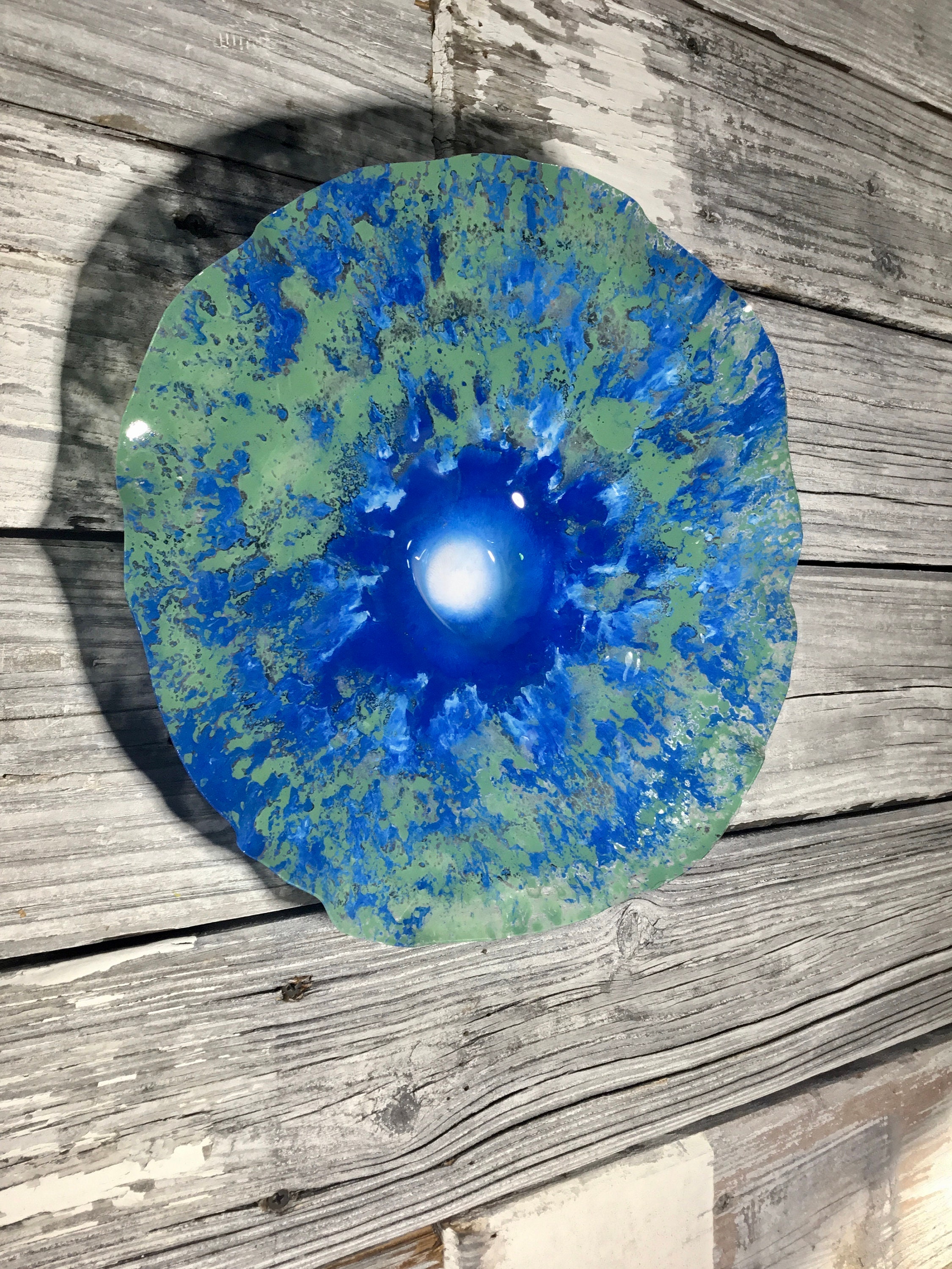 Medium Wall flower dish art 13” blue/sage green/white handmade eco