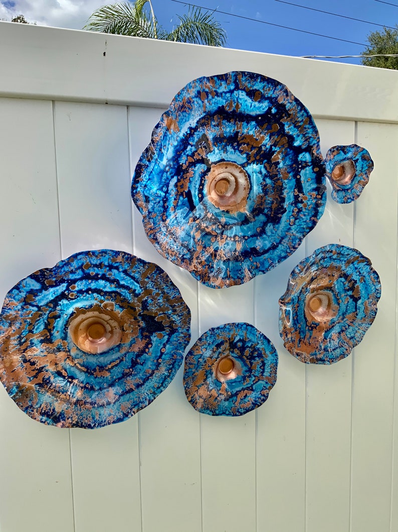 Recycled plastic wall flower Cobalt blue/copper wall hanging/home decor art/you pick size/quantity handmade indoor outdoor/looks like glass image 7