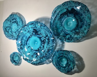 Aqua/teal blue flowers wall art sculpture handmade recycled plastic looks like glass/indoor outdoor boho home decor/You pick size/quantity