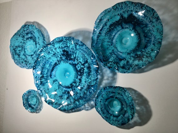Aqua/teal blue flowers wall art sculpture handmade recycled plastic looks like glass/indoor outdoor boho home decor/You pick size/quantity