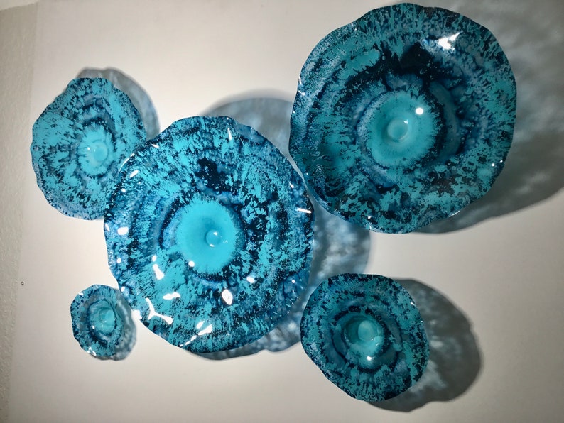 Aqua/teal blue flowers wall art sculpture handmade recycled plastic looks like glass/indoor outdoor boho home decor/You pick size/quantity image 1