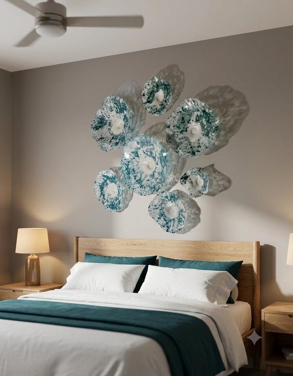 Wall Flower 7 bechy teal blue-green & white handmade up-cycled plastic looks like glass - home decor mural