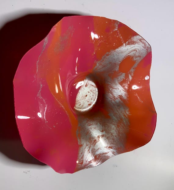 Silver/pink/salmon original Ocean Arts handmade eco friendly plastic wall flower x small 5” looks like glass/home decor/funky patio wall art