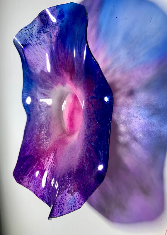 Blue/pink/white Original handmade recycled plastic wall flower extra small 5” looks like glass/unique gift/colorful home decor art