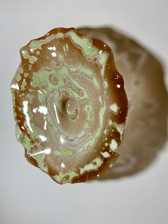 Medium wall flower sculpture 12" brown/lime cream/white handmade recycled plastic/boho home decor mural art/window hanging/looks like glass