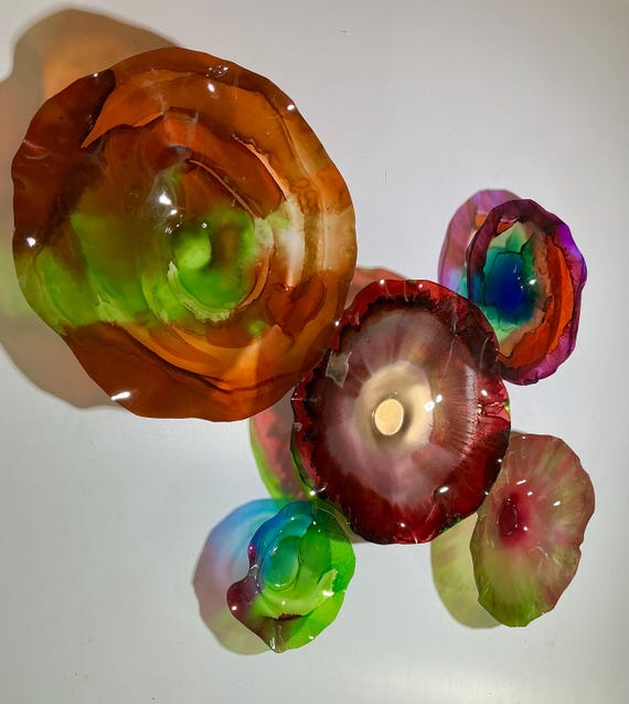 Artisan Upcycled Polymer Set - Five Colorful Pieces: Orange, Green, Pink, Blue & Gold Home Decor