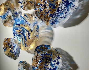 Made to order Wall flower sculpture gold/blue/brown/white up cycled polymer- indoor/outdoor decor wall hanging - looks like glass