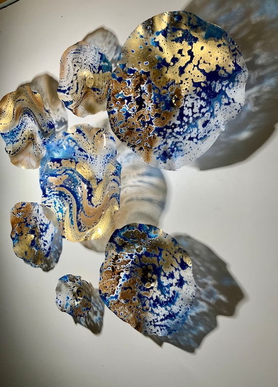 Made to order Wall flower sculpture gold/blue/brown/white up cycled plastic indoor/outdoor decor wall hanging/looks like glass/home mural