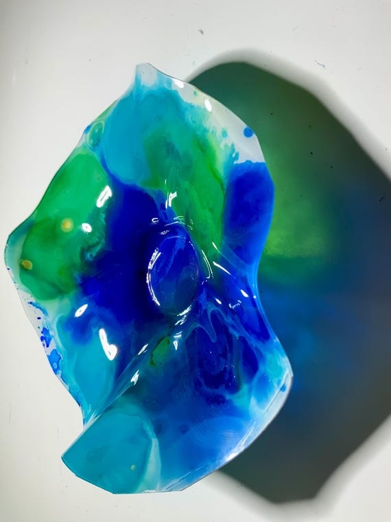 Up cycled plastic one of a kind x-Small wall flower 5” handmade blue, green & white nautical home decor art - looks like glass