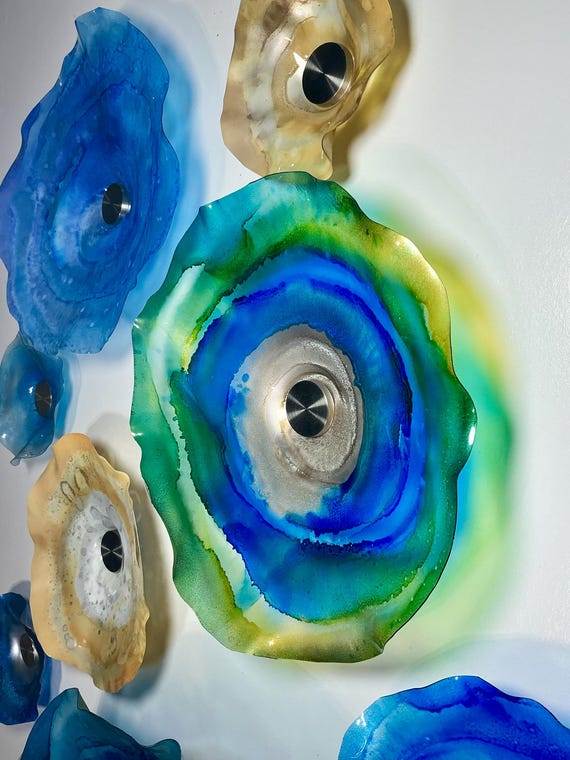 Blue, taupe, silver and Champagne wall flower mural - Glass-Look Wall Art for Commercial & Home Design-handmade up cycled polymer 11 pieces