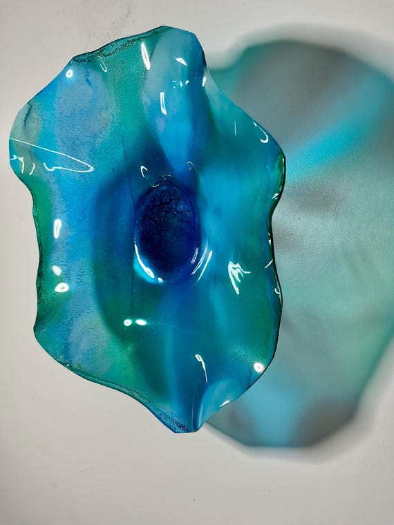 Home decor Wall flower art- handmade from up cycled Polymer- teal blue 5-6 Inch (Glass Look)