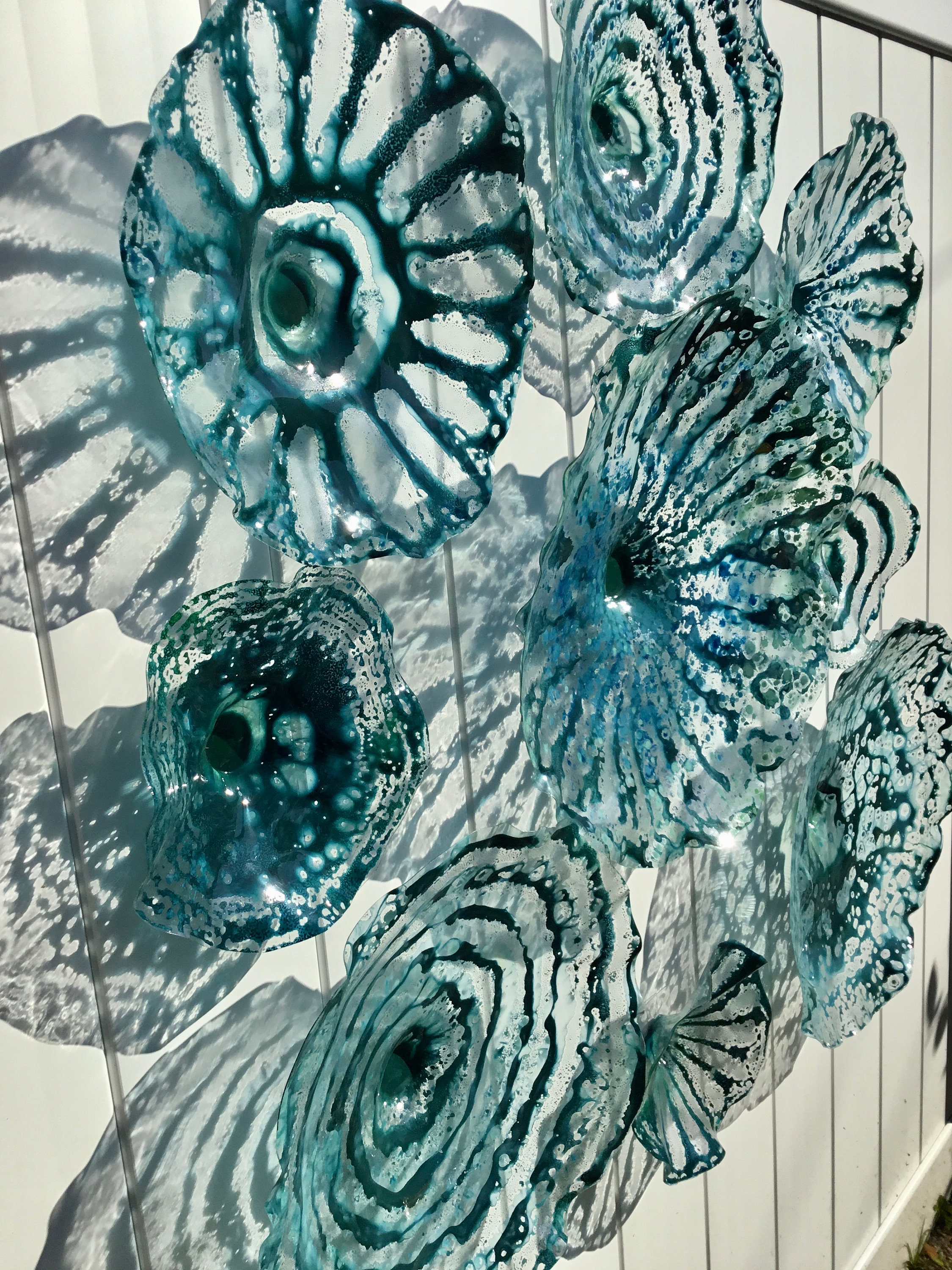 Teal bluegreen wall sculpture set 9 upcycled plastic wall mount/fine