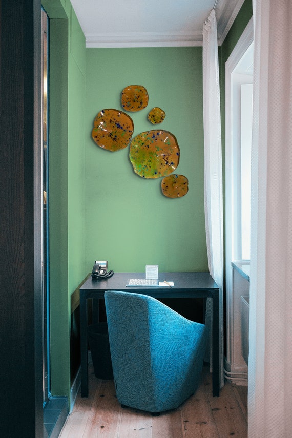 Original Wall flower art 5 orange/green/purple/blue/aqua up-cycled plastic/looks like glass/modern home wall art/ceiling hanging/patio decor