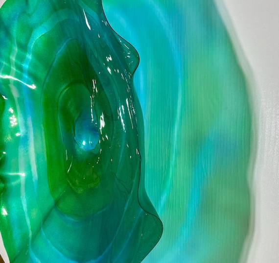 XX large wall flower art 24” handmade up cycled polymer looks like glass/easy to hang, teal blue-green & gold