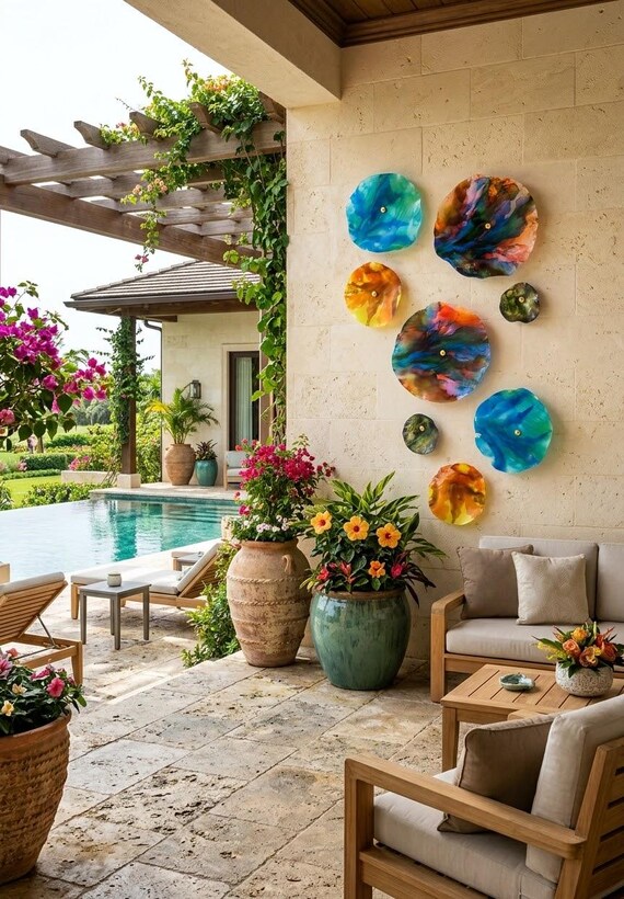 Vibrant Handmade Wall Flowers by Ocean Arts - set 8 - in the beautiful colors of coral reef- up cycled Polymer Glass-Look Decor