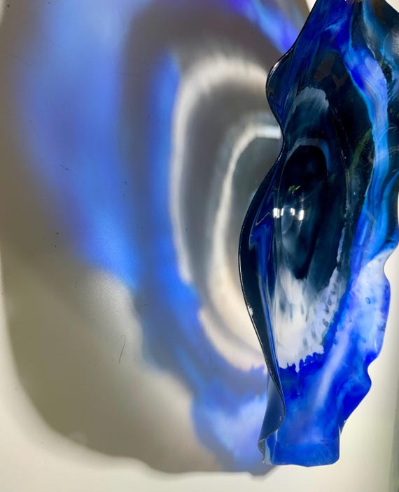 Unique Wall Flower sculpture art 15” handmade eco-friendly ocean plastic art blue/black/white- wall art/looks like glass/home decor