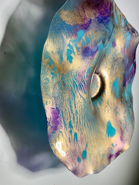 Original Small wall flower  9” handmade eco friendly plastic Todd Lynd art gold/teal/purple/boho home decor/looks like glass/ceiling hanging