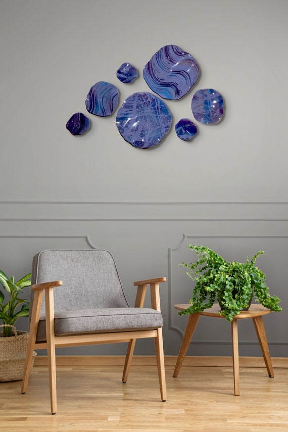 Original Wall flower dish art 7 purple/blue/lavender up-cycled polymer/looks like glass/handmade home wall art/ceiling hanging/patio decor