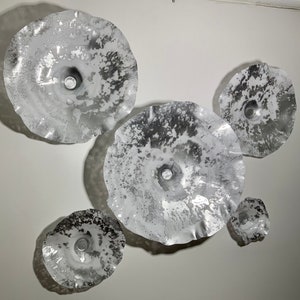 Wall Flower sculpture Silver/white splatter recycled plastic looks like glass/indoor outdoor/modern home wall decor/You pick size/quantity