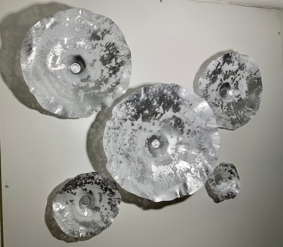 Wall Flower sculpture Silver/white splatter recycled plastic looks like glass/indoor outdoor/modern home wall decor/You pick size/quantity