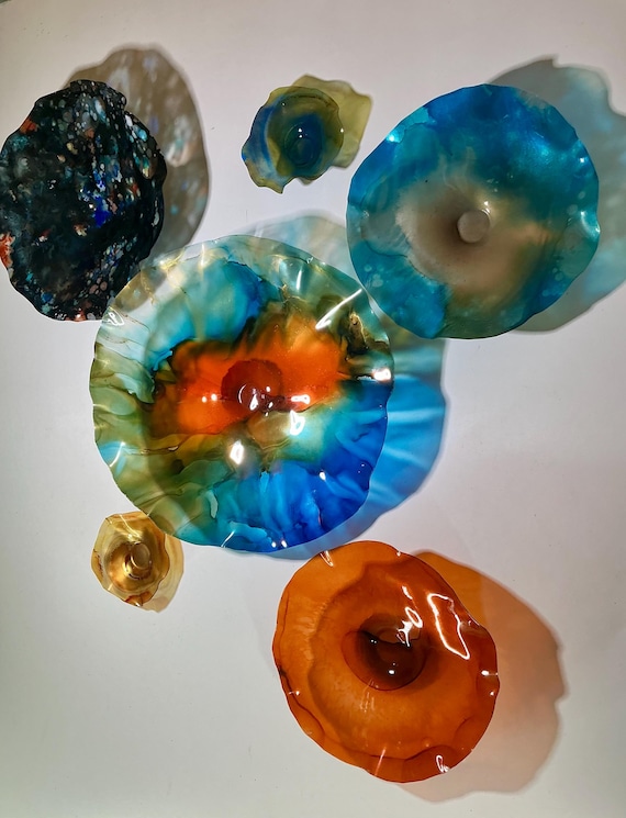 Colorful  Handmade Wall Mural 7 pieces - orange, brown, blue, black & gold Exclusive Sea Glass Look with Recycled Plastic
