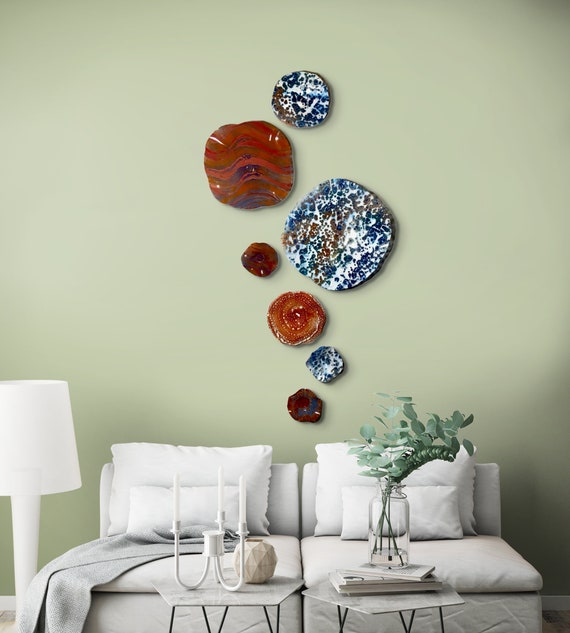 7 piece handmade recycled plastic- wall flowers terra-cotta/gold/orange/copper/white/blue/home decor/large mural/looks like glass