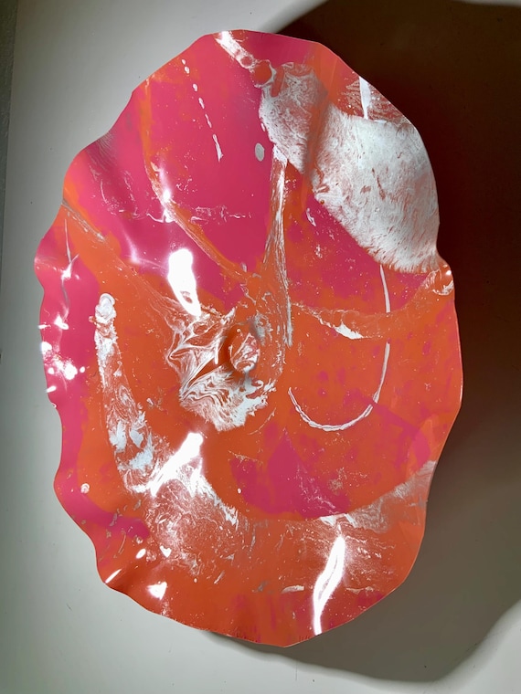 Handmade upcycled plastic wall flower home decor extra large 20” pink/salmon/silver/unique gift/bedroom wall art/Ocean Arts/looks like glass