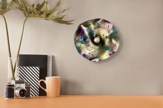 Original Small wall flower  9” handmade eco friendly plastic Todd Lynd art gold/teal/purple/boho home decor/looks like glass/ceiling hanging
