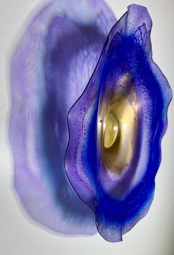 Recycled Plastic Wall Flower Art - 9” Funky Home Decor in Eggplant Purple & Blue