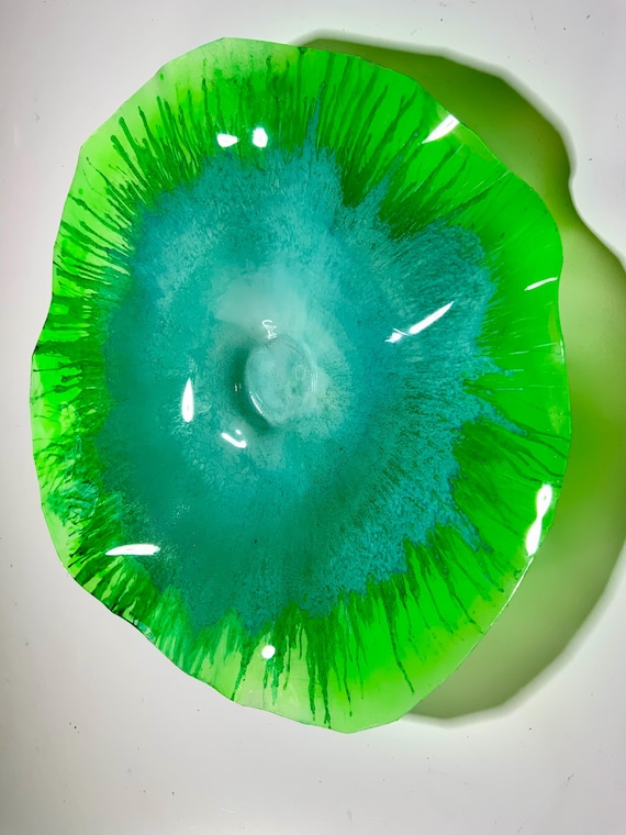 Green/aqua blue Original Ocean Arts handmade eco friendly plastic wall flower small 9” looks like glass/coastal home wall hanging eco art