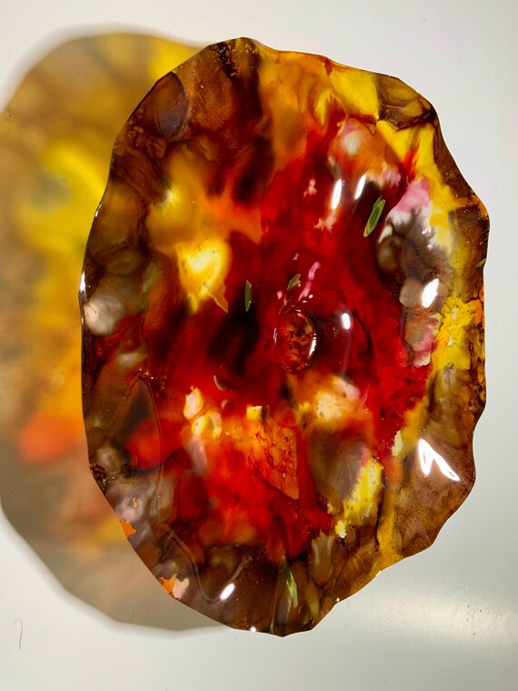 Original CoralREEFlection Medium Wall flower unique home decor art 13” brown/yellow gold/red handmade eco friendly plastic/looks like glass