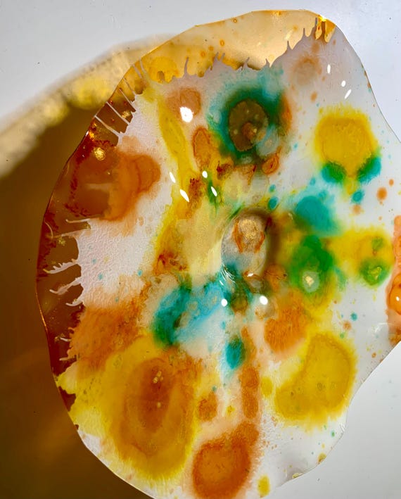 Small Wall flower decor vibrant decor  9” white/gold/yellow/aqua/orange handmade recycled plastic/Yard art/ceiling hanging/looks like glass