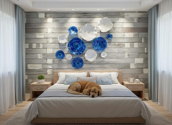 Wall Flower 11 oceanic metallic blue/white recycled plastic/beach home decor/looks like glass large wall mount/ceiling hanging/porch decor