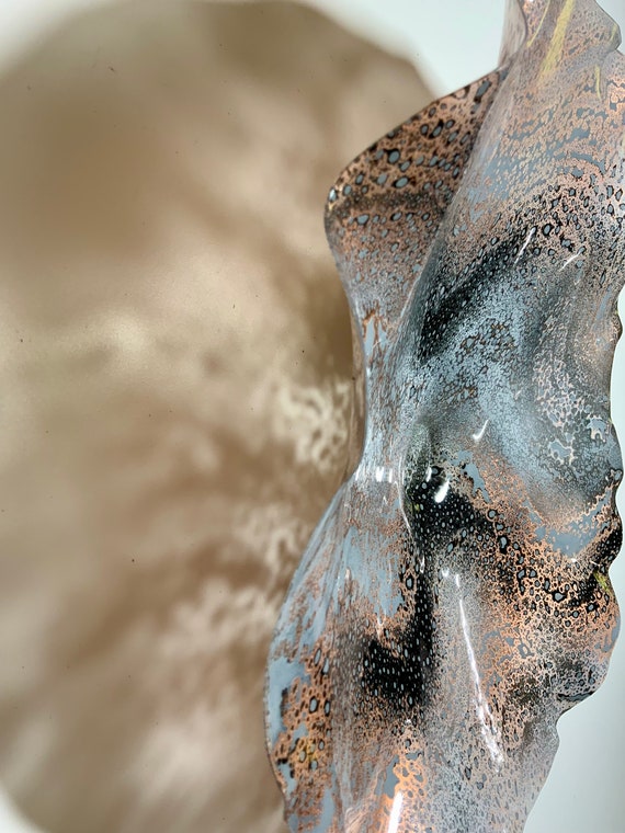 Contemporary home decor wall flower handmade up cycled plastic 15” handmade/copper/gray/black/looks like glass/cool wall art