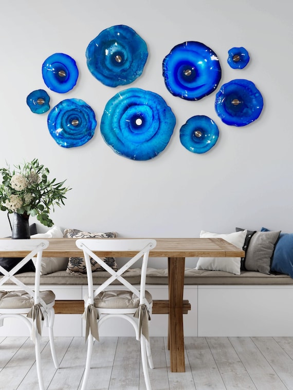 Unique Wallflower Mural in cobalt blue - Glass-Look Wall Art for Commercial & Home Design-handmade up cycled polymer 9 pieces
