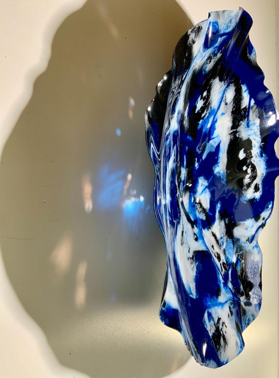 Ocean Arts wall hanging beach decor seaside style handmade recycled polymer  19” navy blue, black, white - looks like glass
