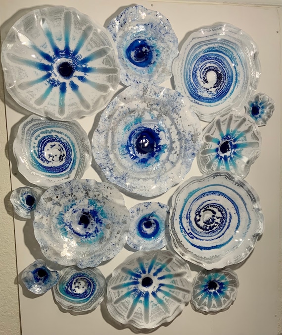 Made to order Oceanic wall flower mural 15 aqua/blue/White/silver handmade recycled plastic/beach home decor art/bedroom/looks like glass