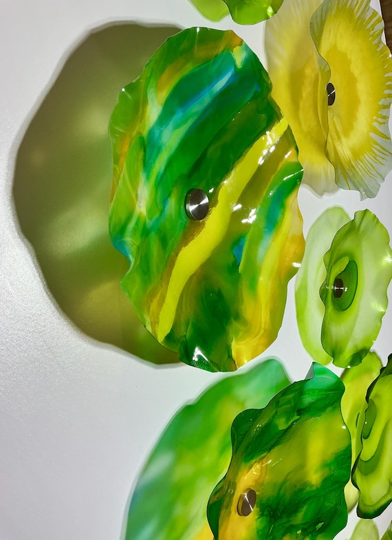 Green and yellow wall flower mural - Glass-Look Wall Art for Commercial & Home Design-handmade up cycled polymer 8 pieces