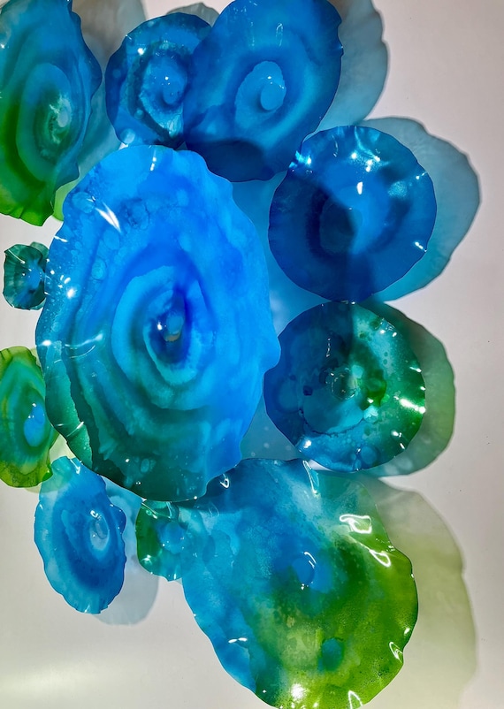 Exclusive Sea Glass Series: Large Wall Mural Set of 11 Handmade Recycled Plastic Decor-ocean aqua blue and green