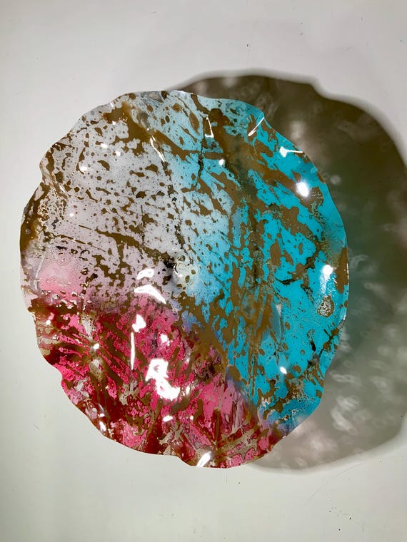 Eco art wall sculpture coral /aqua/white/brown 15” handmade up cycled plastic/looks like glass/boho chic home decor art/large wall flower