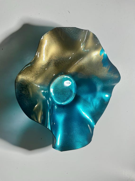 Wall flower handmade from Recycled Polymer teal & gold  –  5-6 Inch (Glass Look)