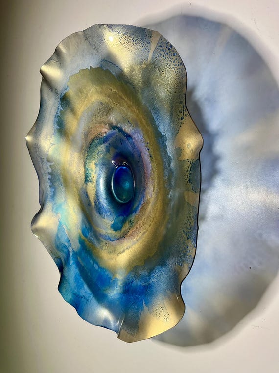 Colorful flower home wall hanging medium 13” blue/orange/red/yellow handmade eco-friendly plastic/looks like glass;living room decor