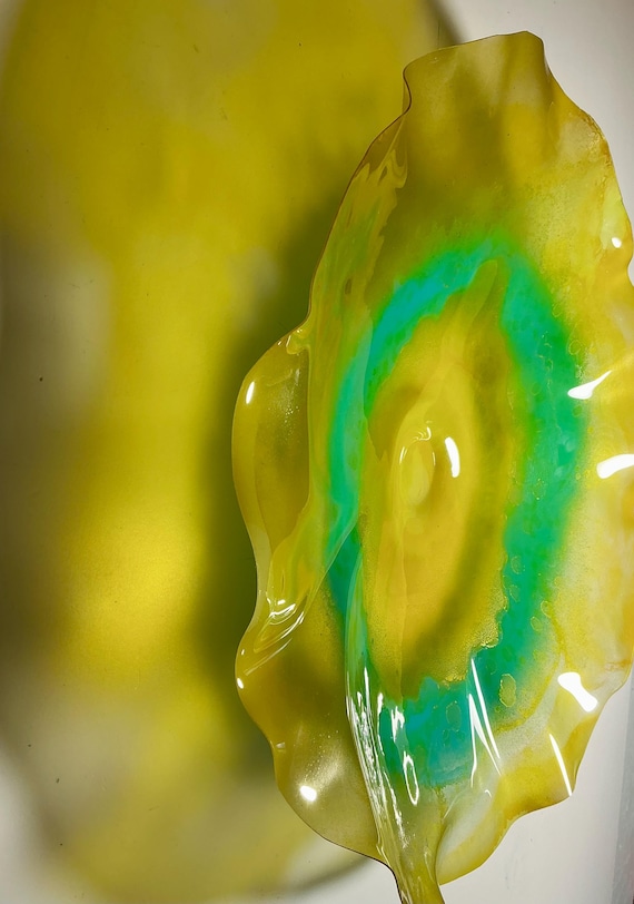 Beach Wall Flower Art, 19", Yellow Gold & Aqua, handmade from up cycled polymer- glass like look
