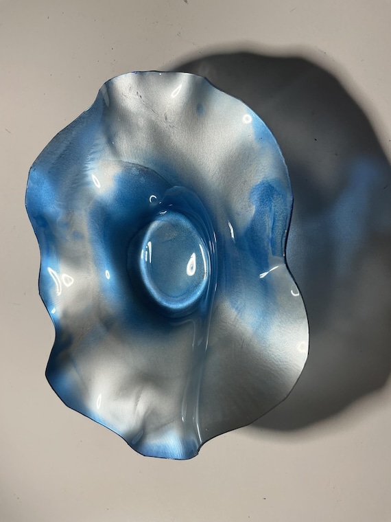 Extra small silver & blue Recycled Polymer Wall Flower Art handmade 5 inch- home Decor- looks like glass