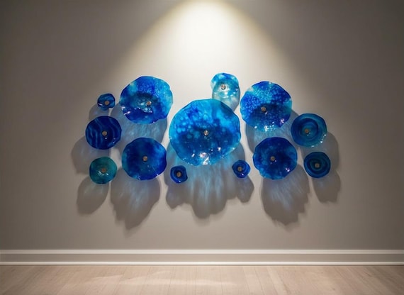 Ocean-Inspired Wallflower Set of 13 - Unique Deep Blue & Silver Decor - handmade from upcycled polymer, looks like glass