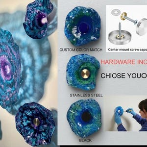 May include: A collection of circular, textured wall art pieces in shades of blue, green, and purple. The image displays hardware options including gold, brass, stainless steel, black, and copper centre mount screw caps with installation text.