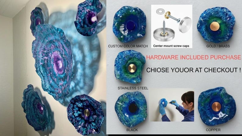 May include: A collection of circular, textured wall art pieces in shades of blue, green, and purple. The image displays hardware options including gold, brass, stainless steel, black, and copper centre mount screw caps with installation text.