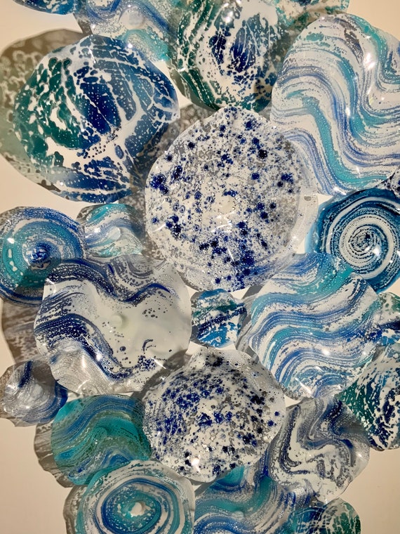 Original Ocean blue/silver/white large wall mural 24 handmade recycled plastic/beach home decor-looks like glass